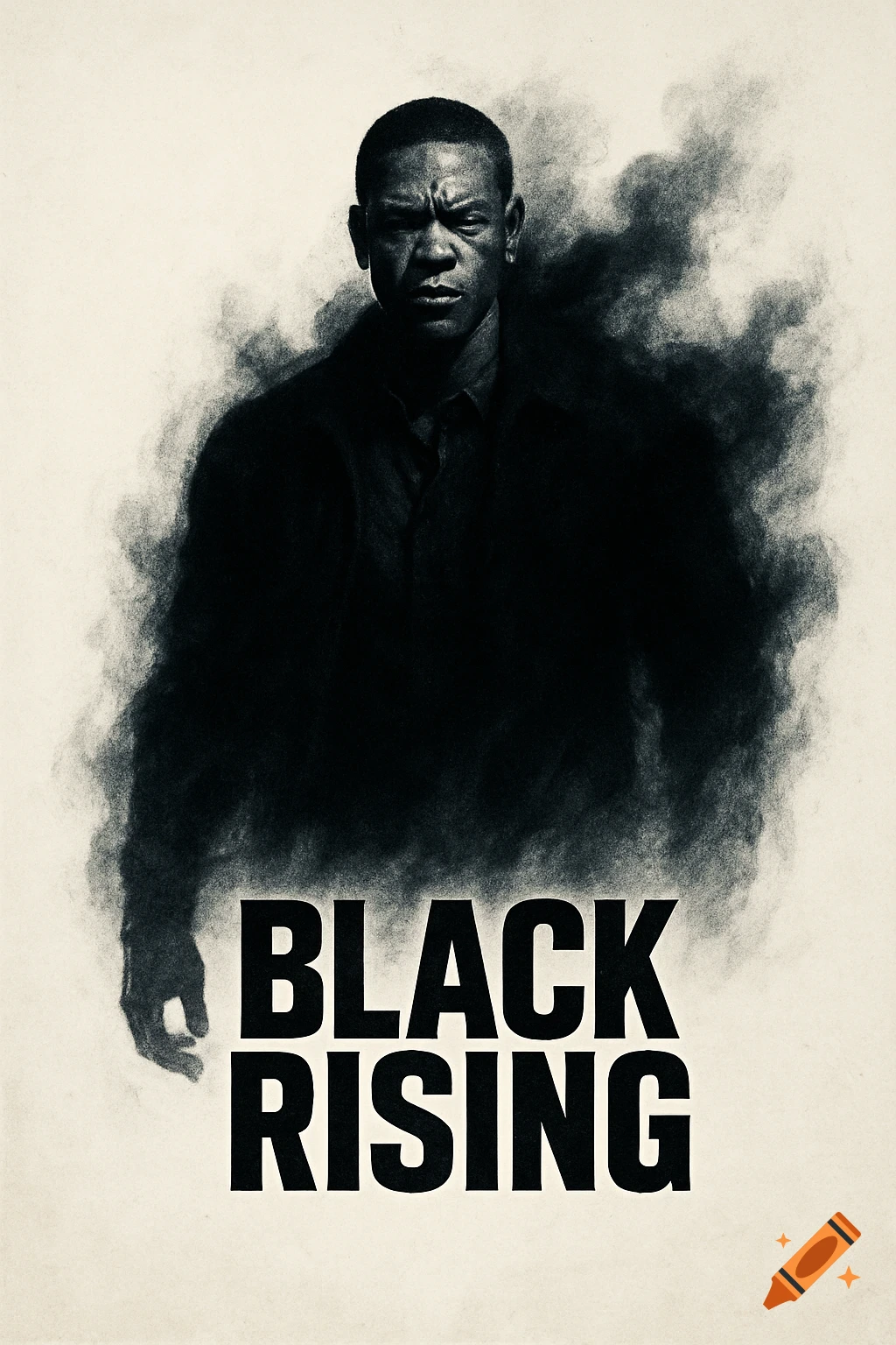 Stylized dark portrait of a man with 'BLACK RISING' text below, resembling a movie poster.