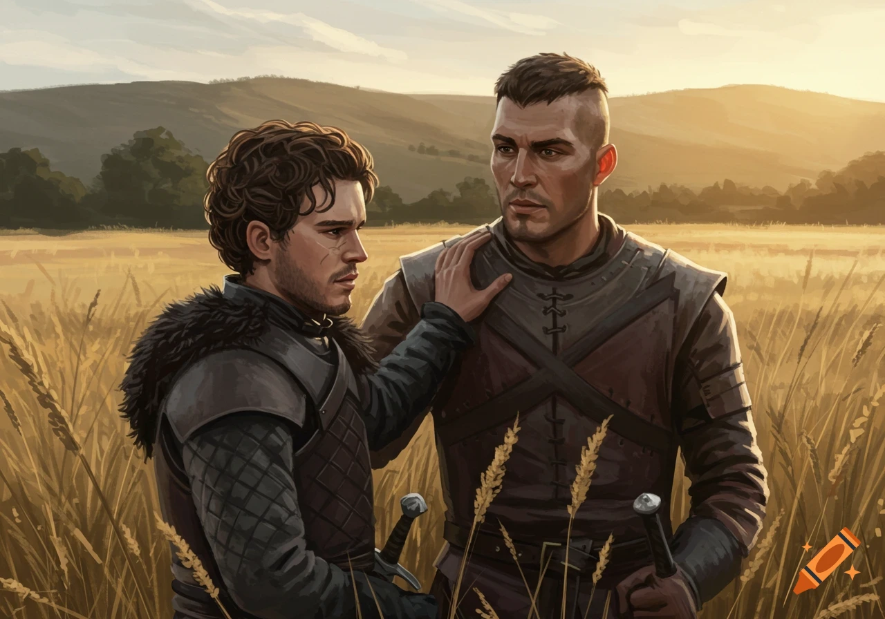 Two men in medieval armor stand in a golden field at sunset, one with a hand on the other's shoulder.