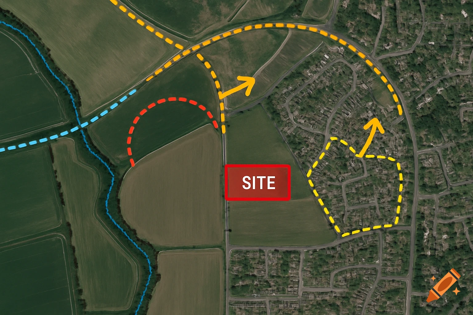 Aerial satellite view showing a river, fields, a marked site, roads, and a residential area with colored dashed lines and arrows.