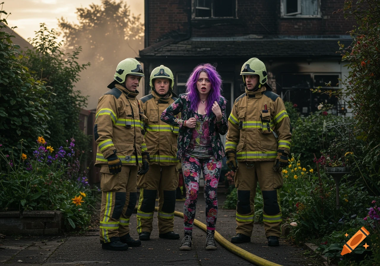Three firefighters and a woman with purple hair stand near a house damaged by fire. Photorealistic style.