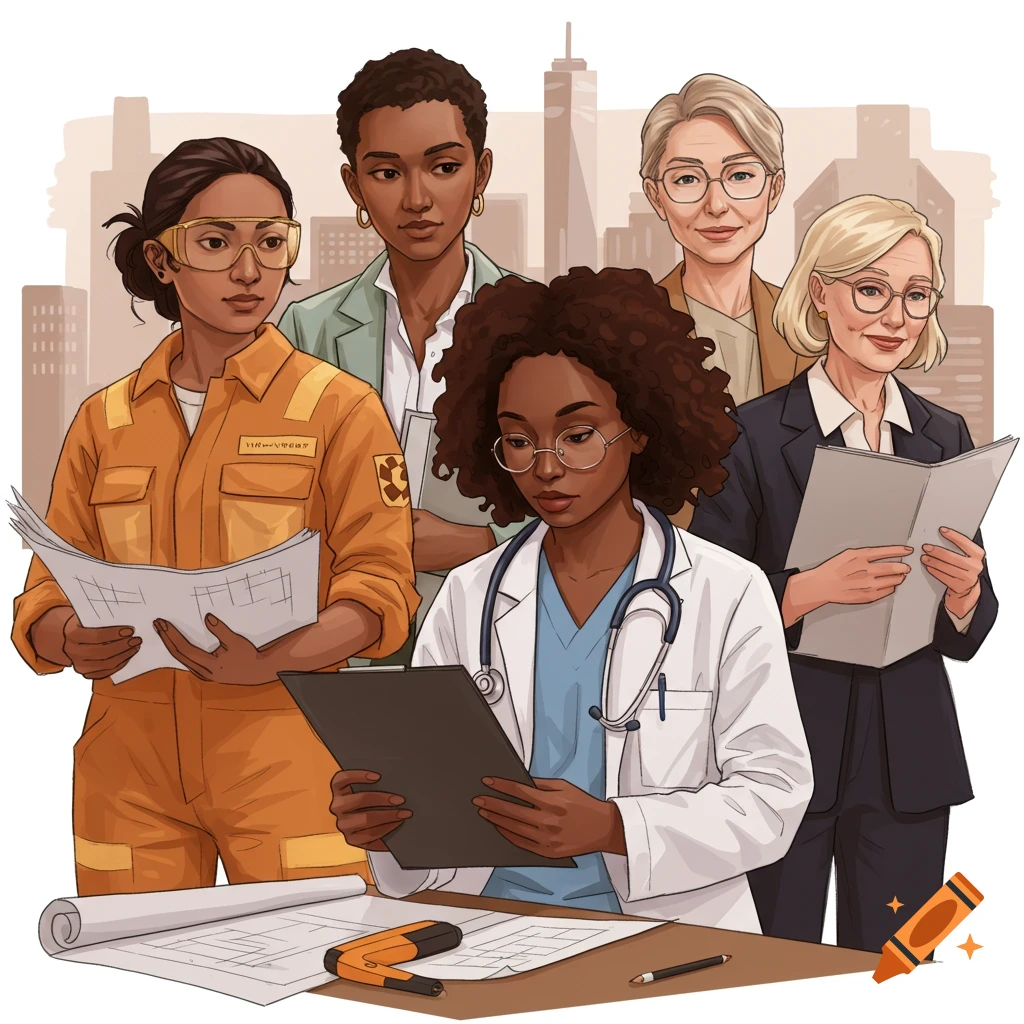An illustration of diverse women in professional roles, including a doctor, construction worker, and businesswomen.