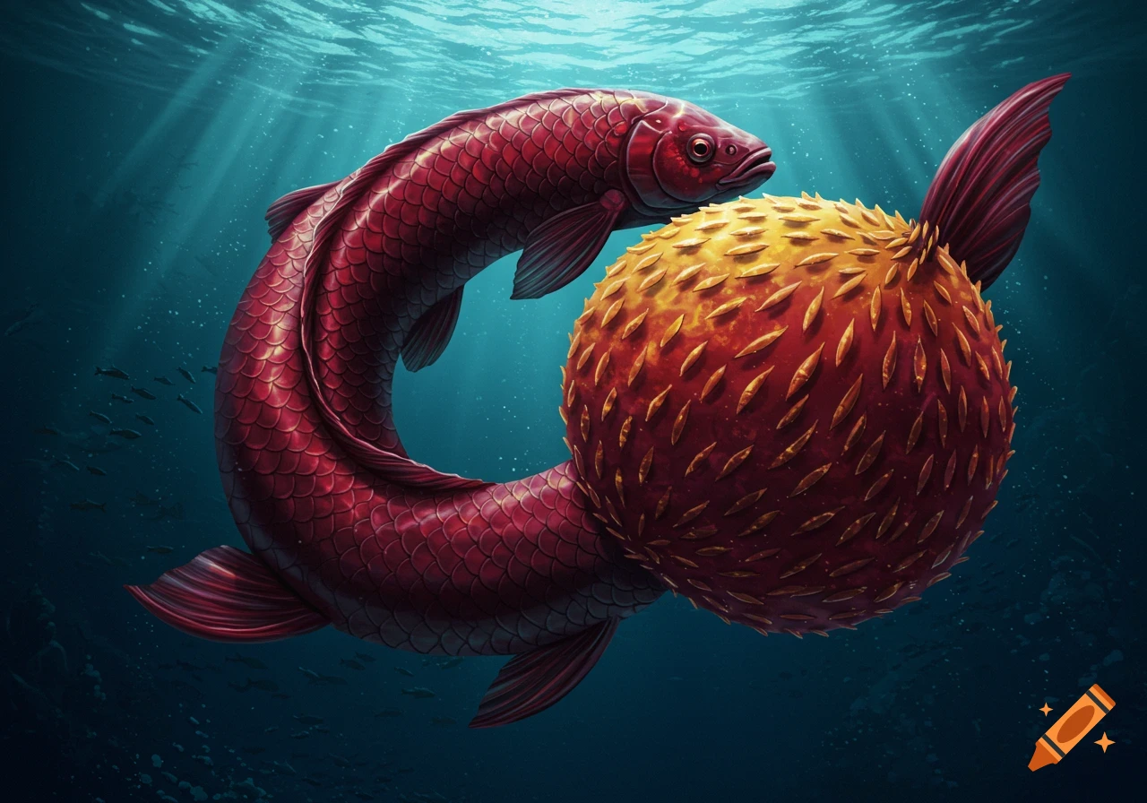 A red fish with an inflated spiky yellow tail swims in the ocean.