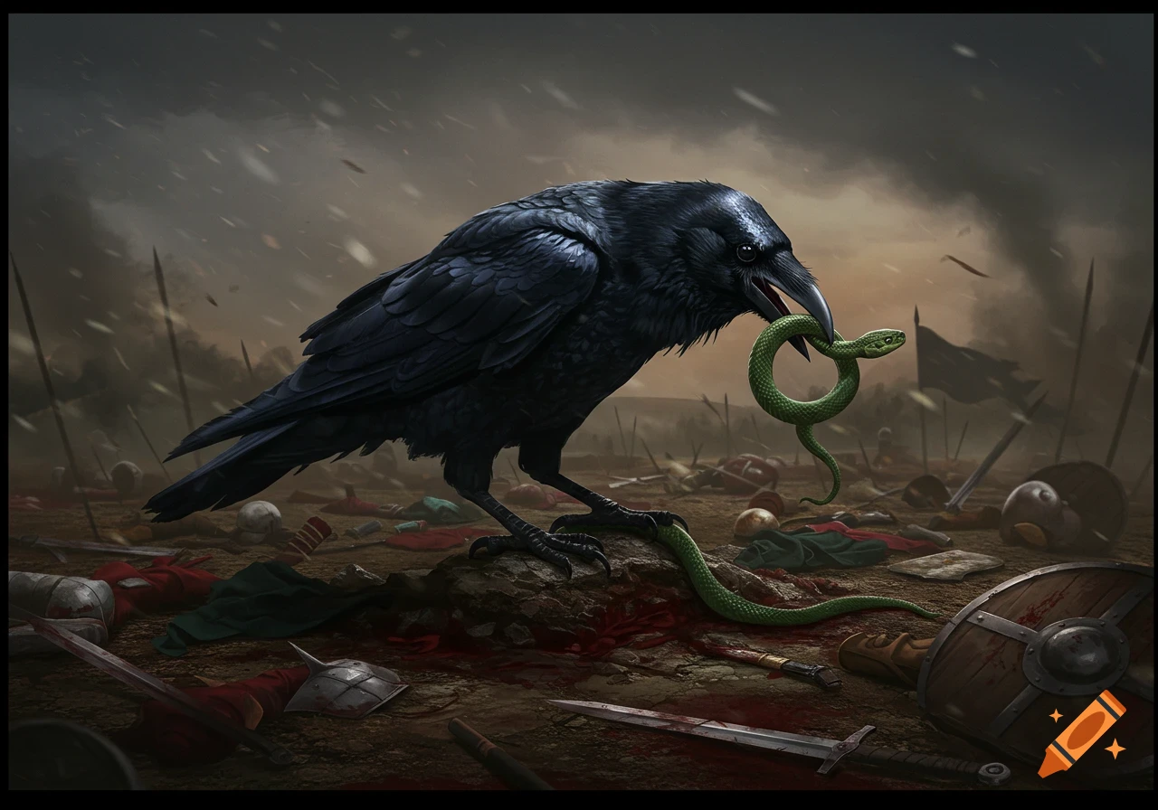 A black raven holds a green snake in its beak, standing on a rock in a battle-scarred landscape with bodies and weapons.