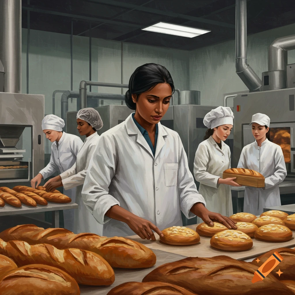 People working in a food manufacturing factory, handling loaves of bread and buns.