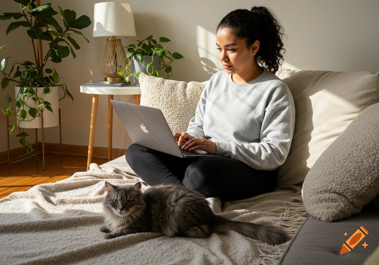 Woman works on laptop from couch with cat. Sunlight streams into the room.