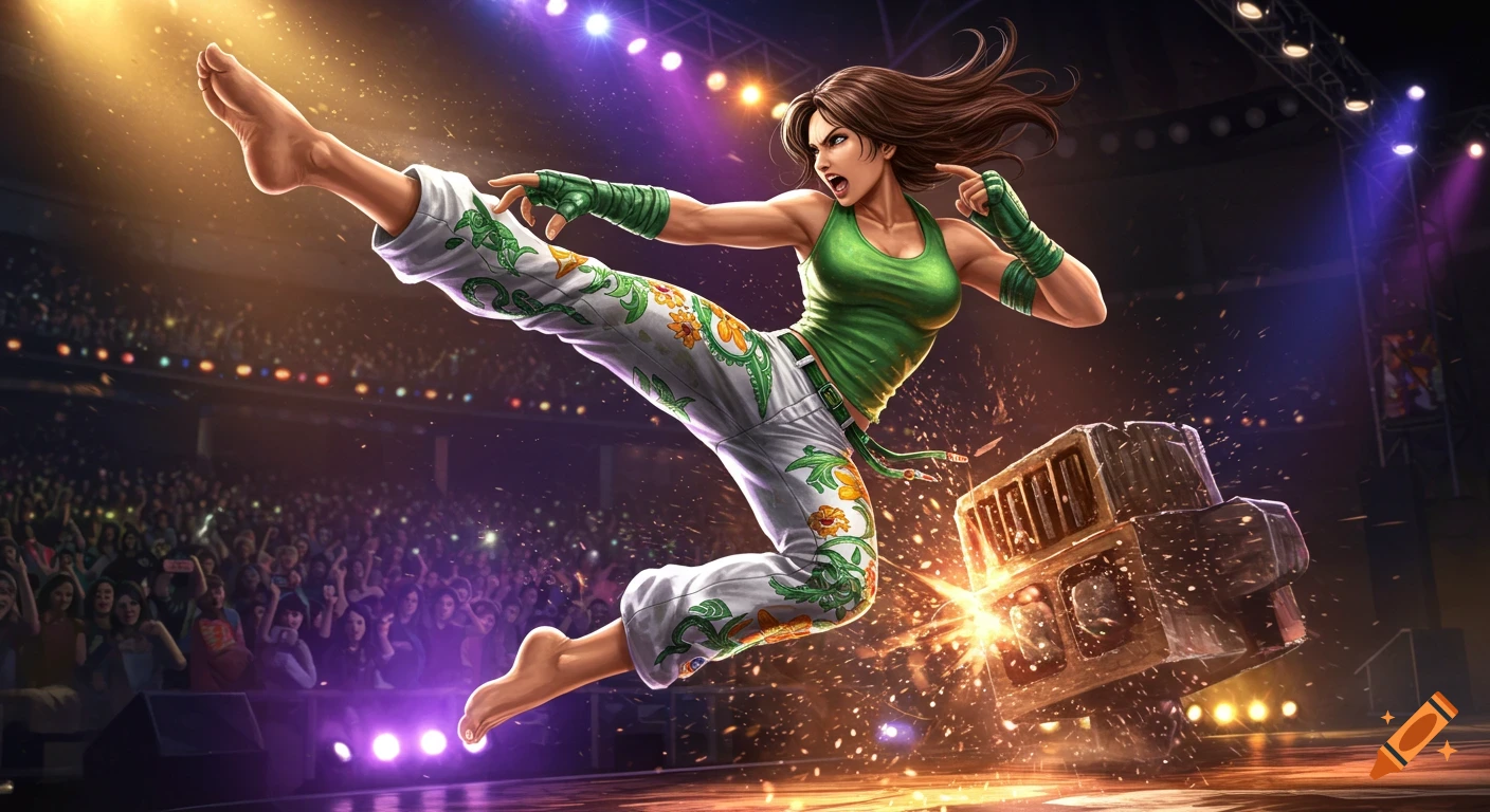 Christie Monteiro from Tekken performs a dynamic high kick on a stage in a green top and white pants, with an audience and bright lights.