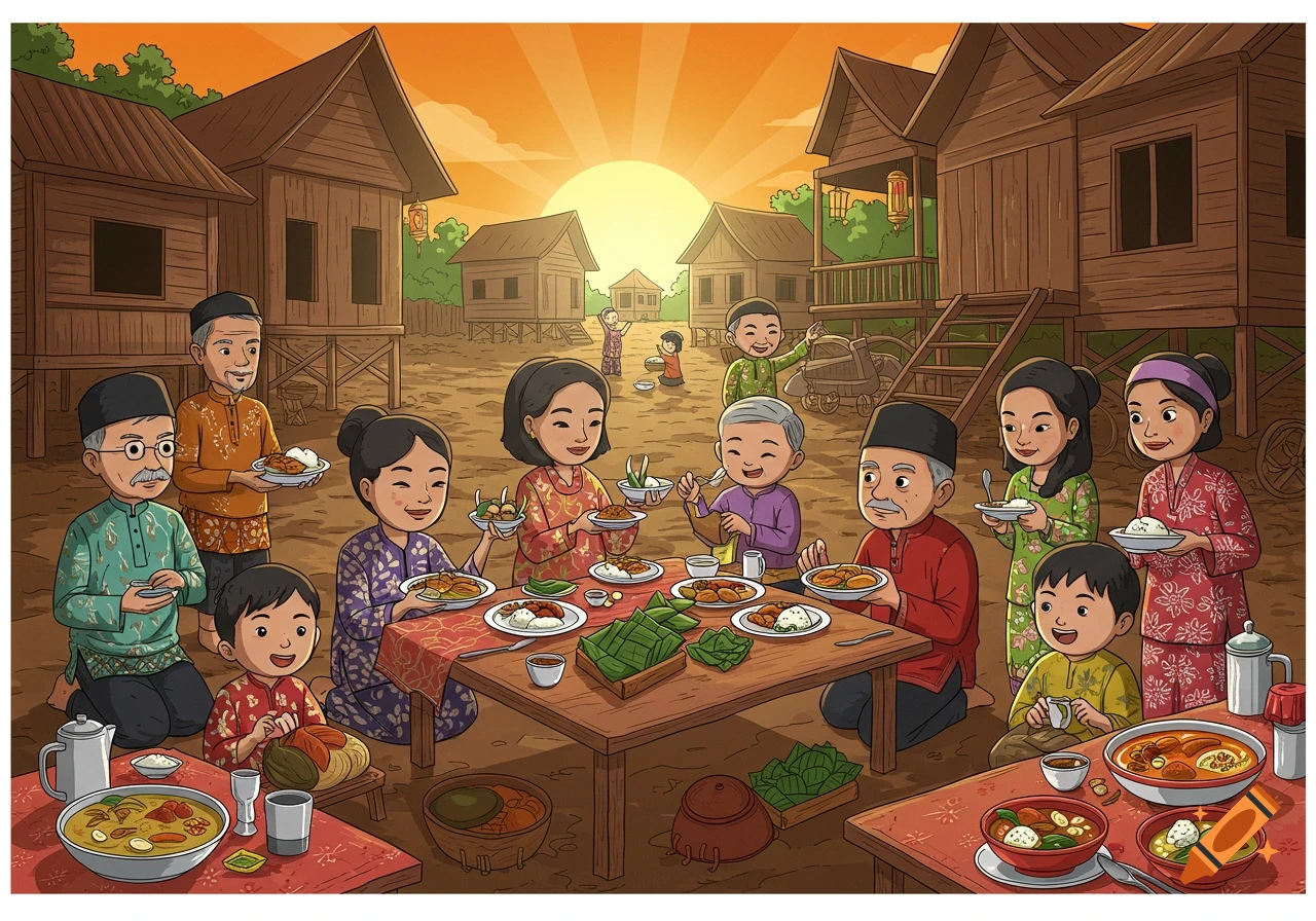An illustration of a family having a meal together in a village with stilt houses at sunset.