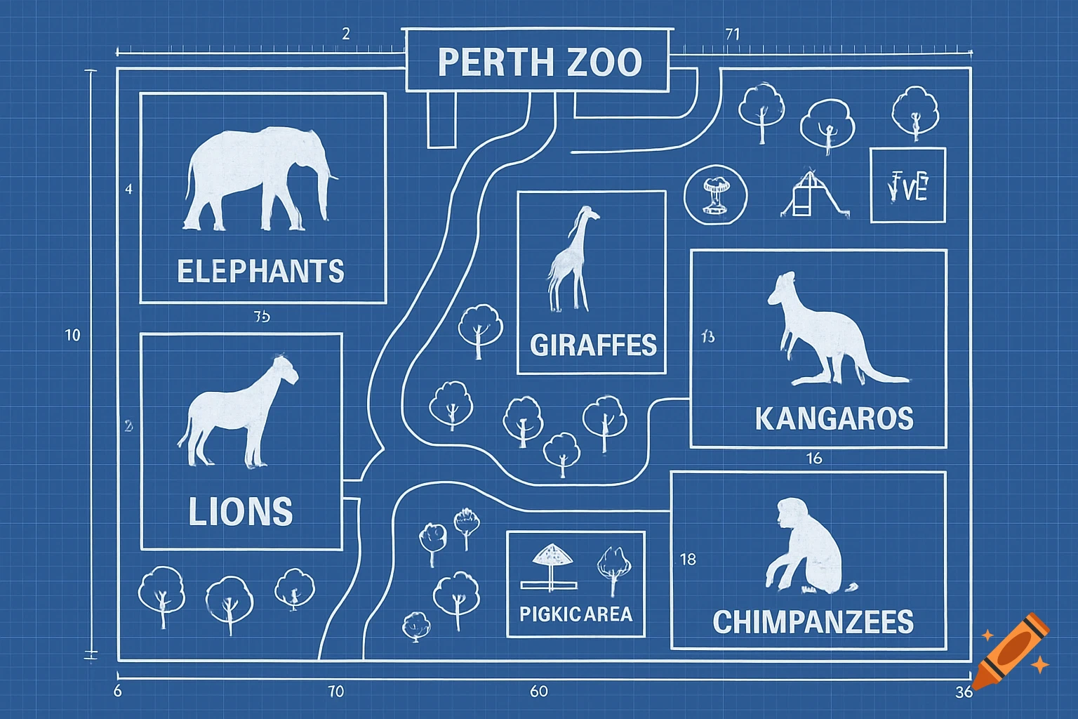 Blueprint-style map of Perth Zoo showing enclosures for elephants, lions, giraffes, kangaroos, and chimpanzees.