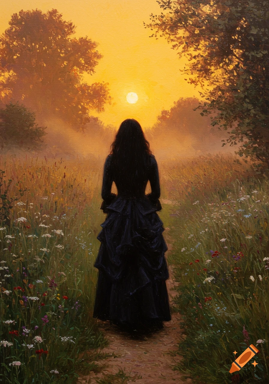 Impressionist painting of a woman in a black dress standing in a field at sunset.
