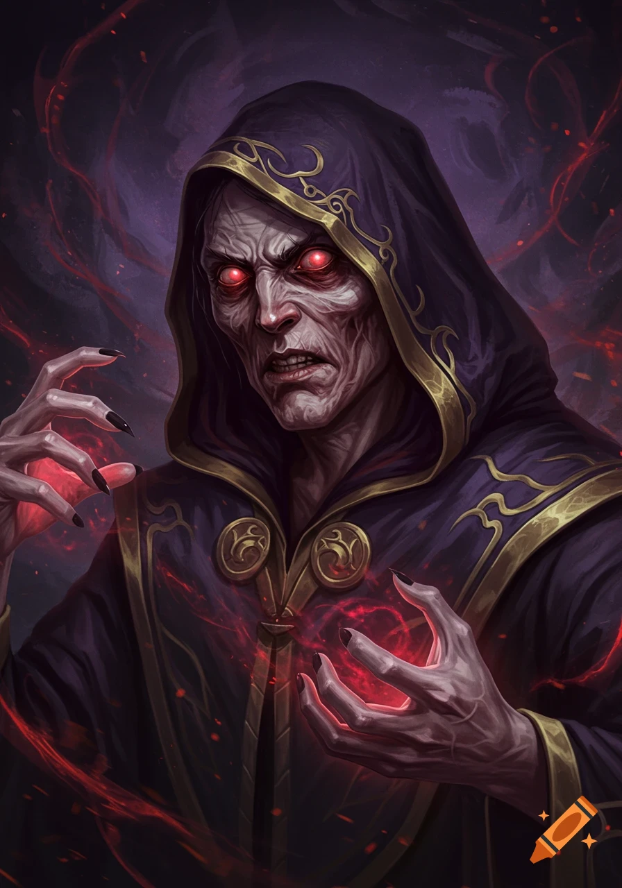 A dark sorcerer with glowing red eyes and hooded robe casts magic.