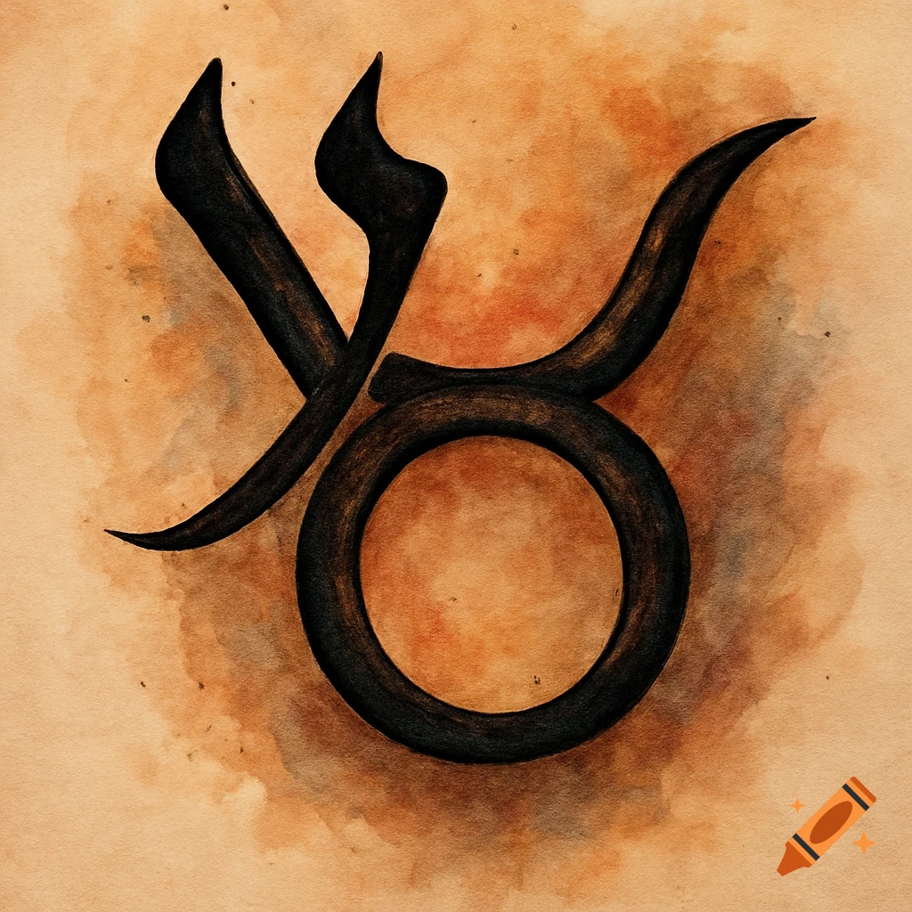 Black calligraphic Hebrew letterforms mixed with a black Taurus zodiac symbol on a textured brown and beige watercolor background.