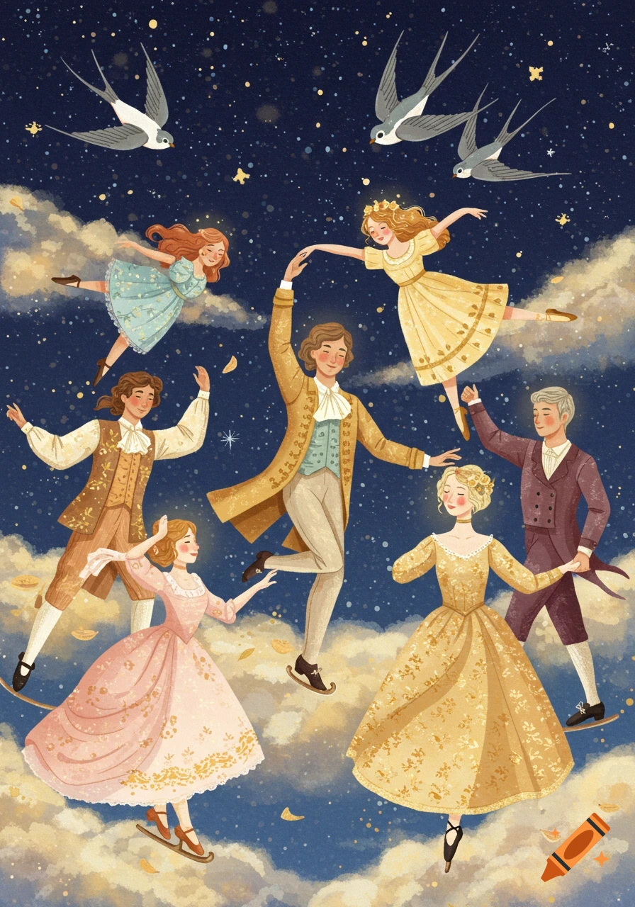 Illustration of dancers waltzing in a starry sky with clouds and swallows