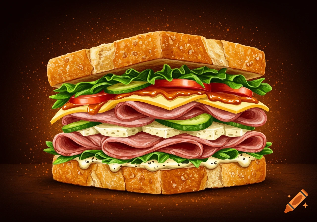 Detailed illustration of a layered sandwich on dark background