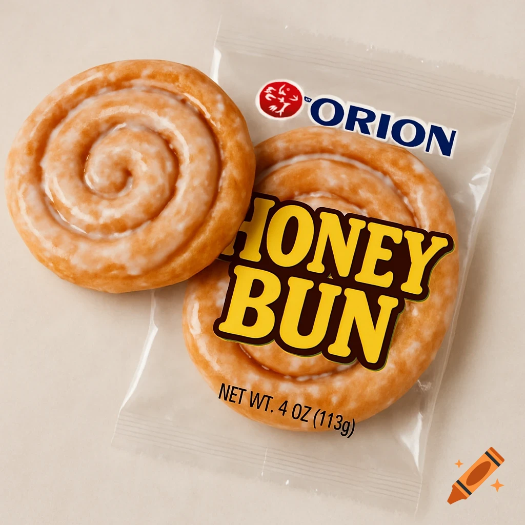 Two glazed honey buns, one in clear packaging with Orion Honey Bun text.