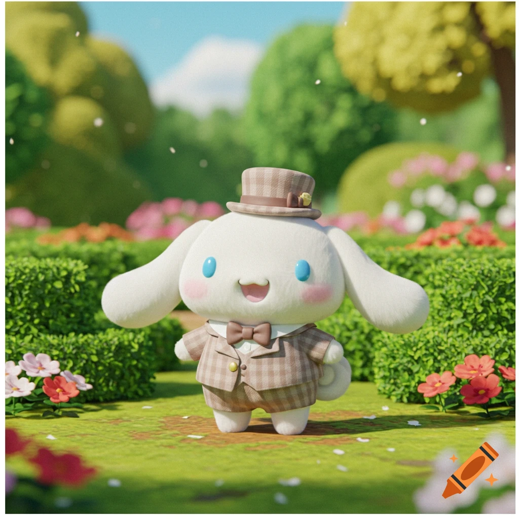Cinnamoroll Sanrio in a suit and hat standing in a sunny garden, 3D render.