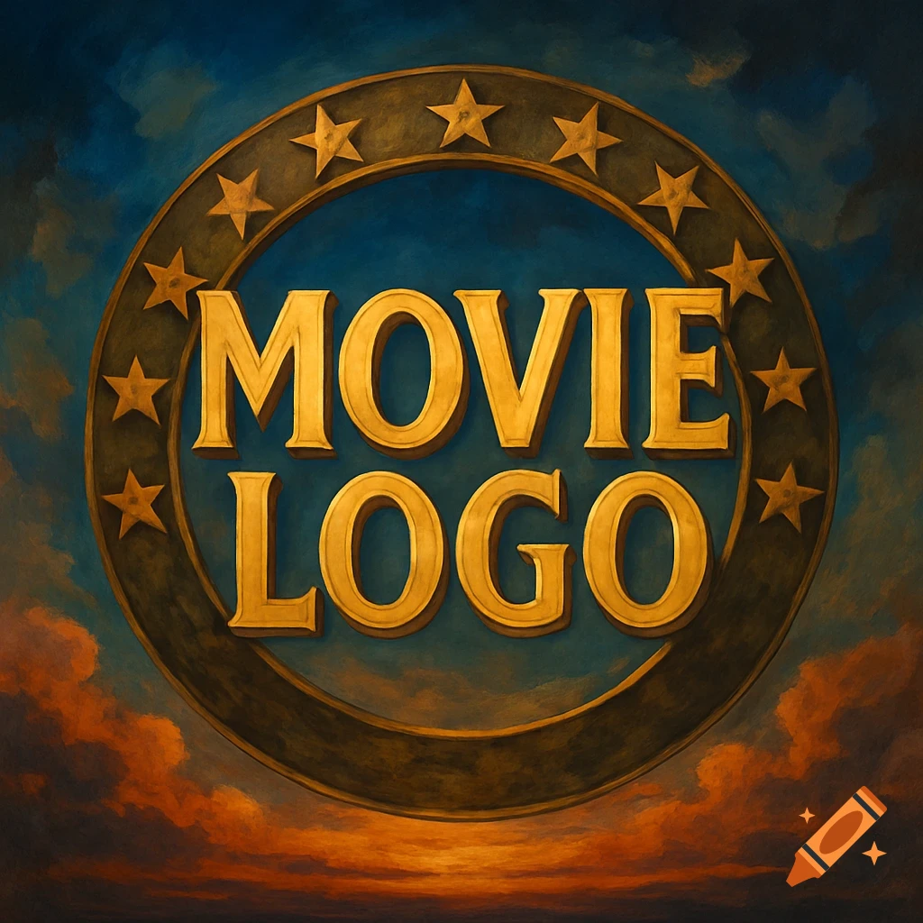 Golden movie logo with stars against a dramatic painted sky