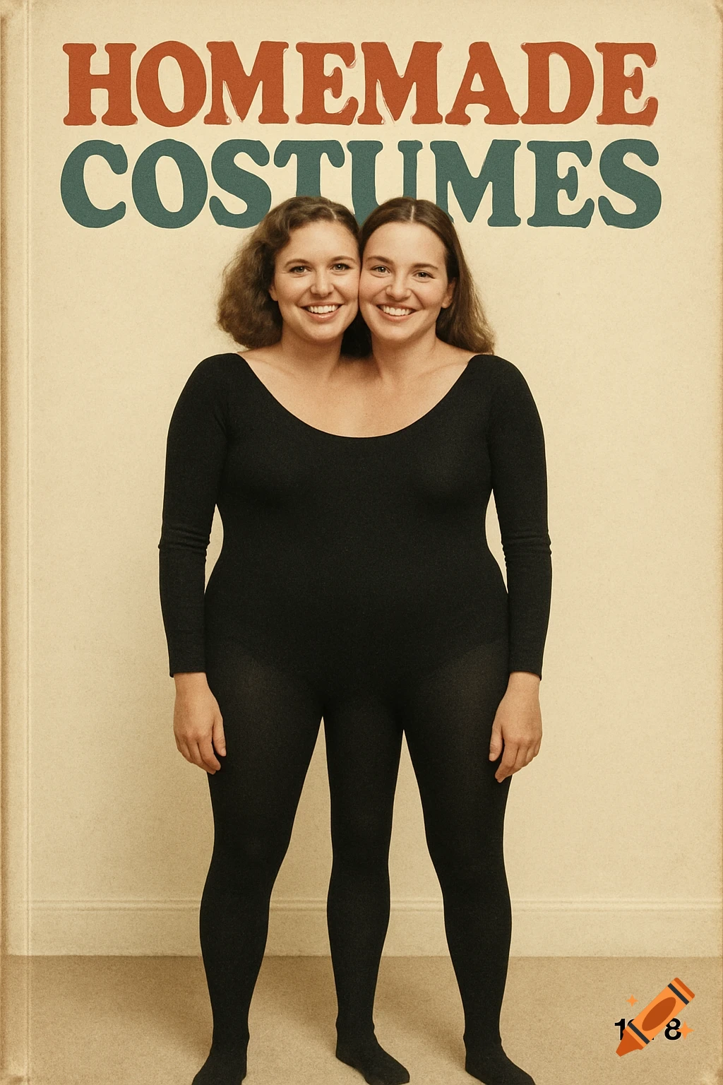 Two women in a shared black leotard and tights costume, appearing as one person with two heads. Retro photo style with text 'HOMEMADE COSTUMES 1978'.