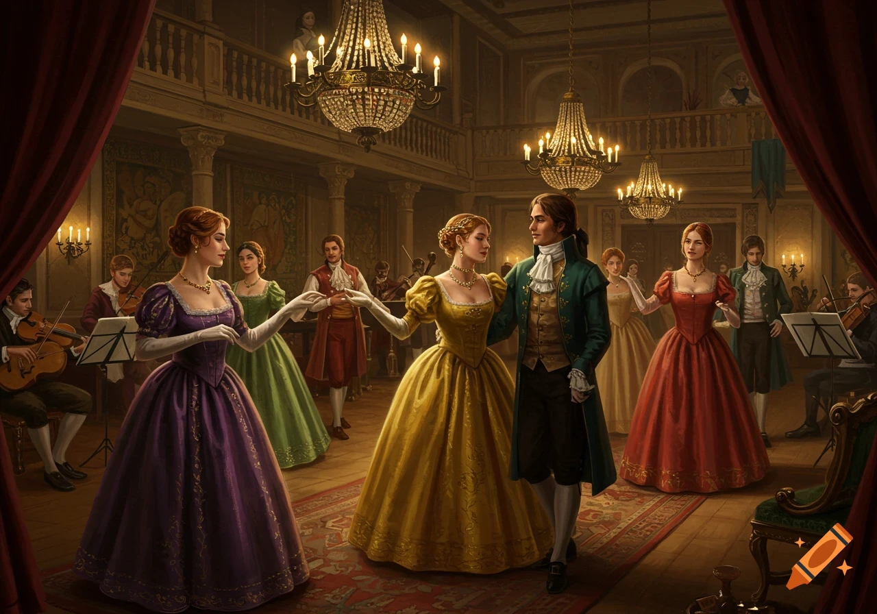 People in historical attire dance in a grand ballroom with musicians.