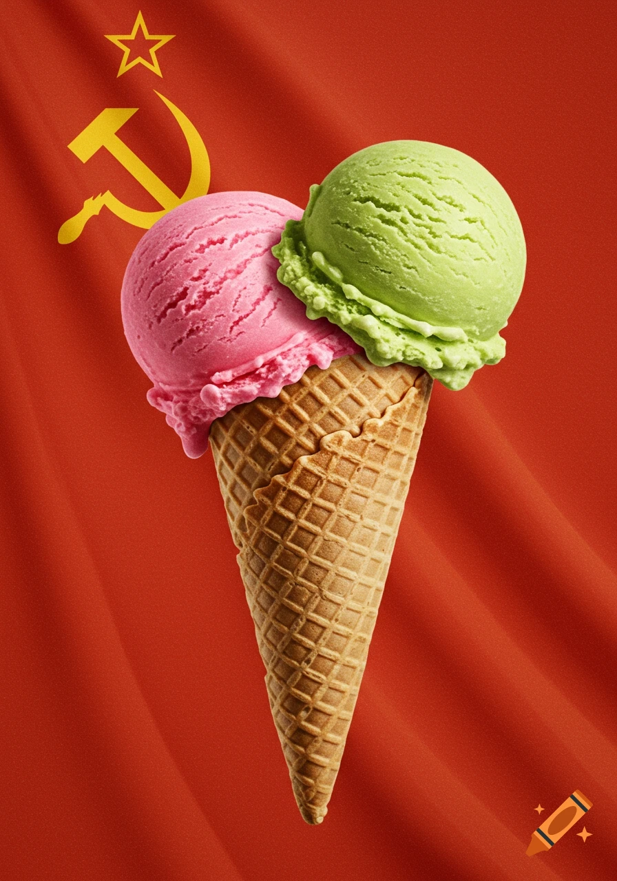 A photorealistic image of a pink and green double scoop ice cream cone in front of a USSR flag.