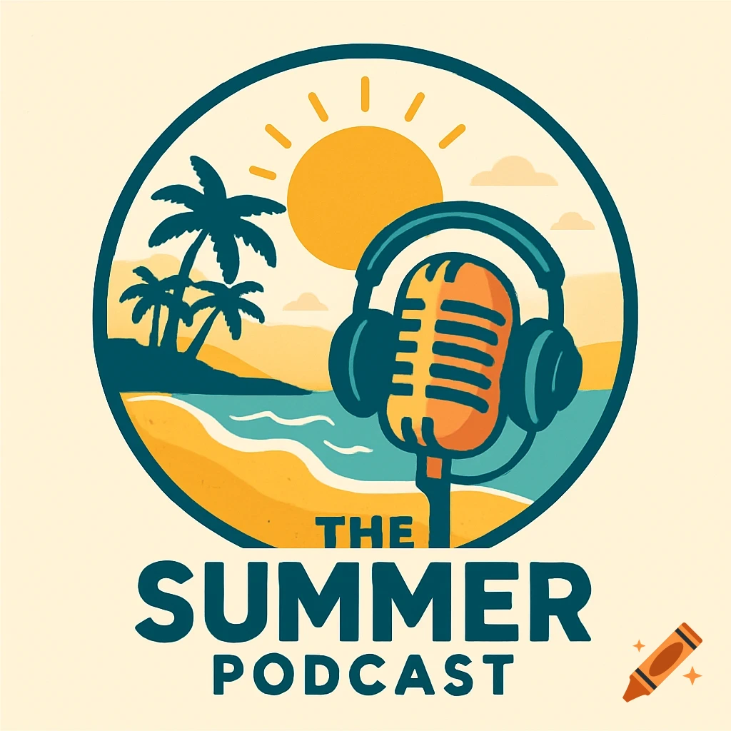 Logo for 'The Summer Podcast' with a beach scene, microphone, and headphones.