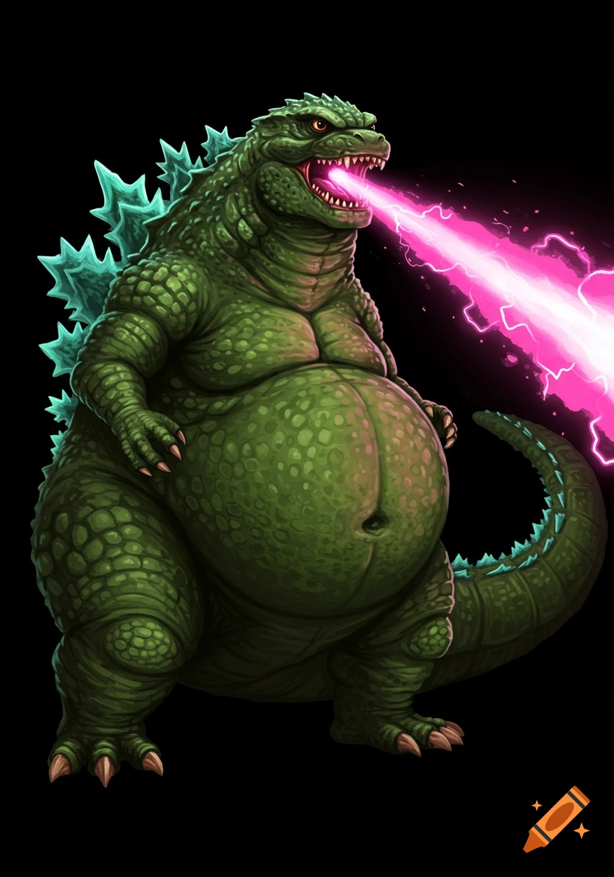 Illustration of a very chubby green Godzilla firing a pink beam from its rear.