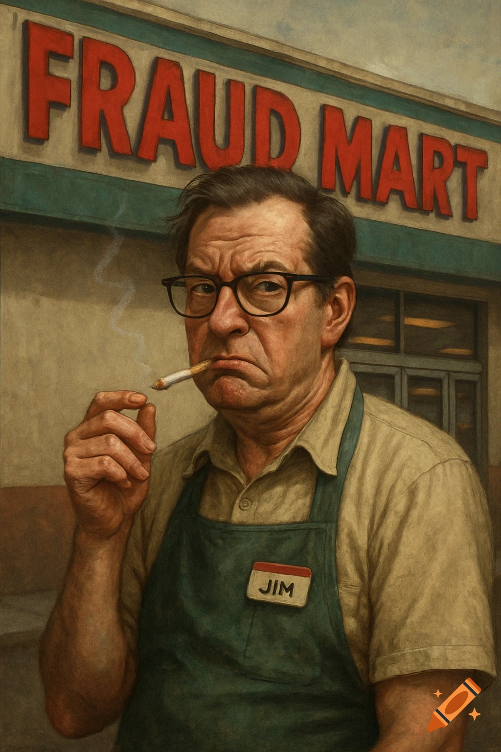 A man named Jim in a green apron smokes a cigarette outside a store called Fraud Mart in a painterly style.