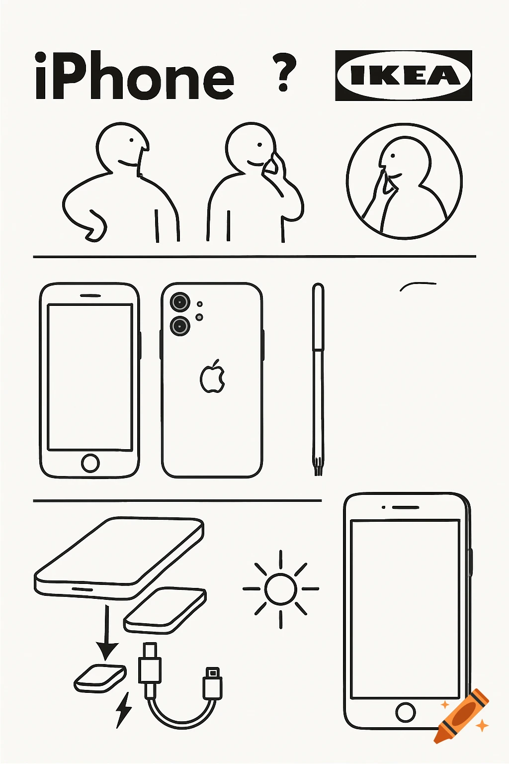 Line art illustration in IKEA style showing instructions for assembling an iPhone with diagrams of phone parts, charger, and simplified figures.