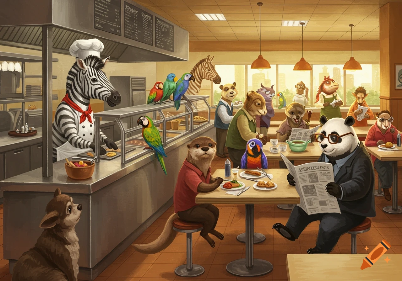 Anthropomorphic animals eating in a busy cafeteria with a zebra chef.