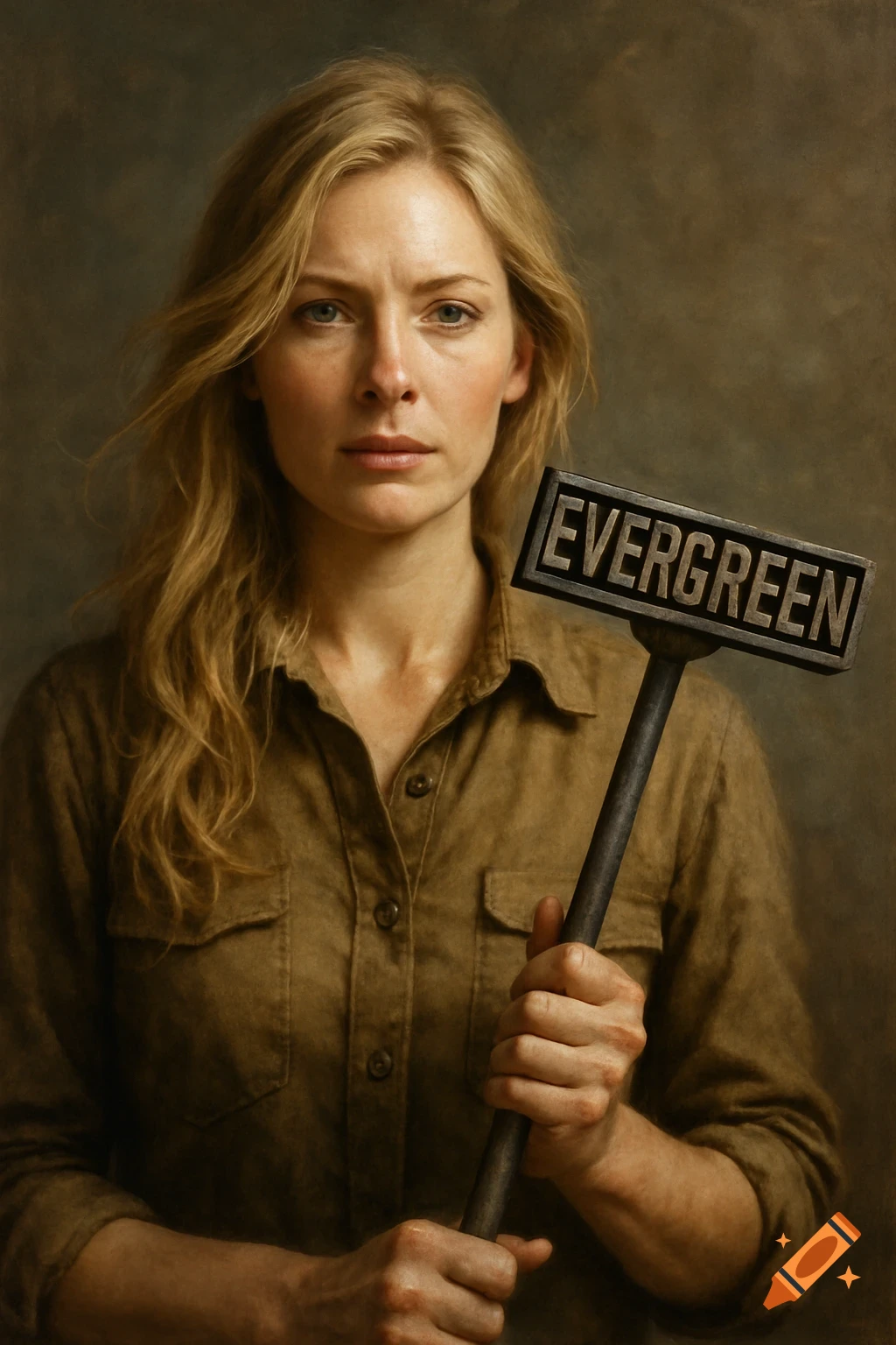 A photorealistic portrait of a woman holding a sign that says EVERGREEN.