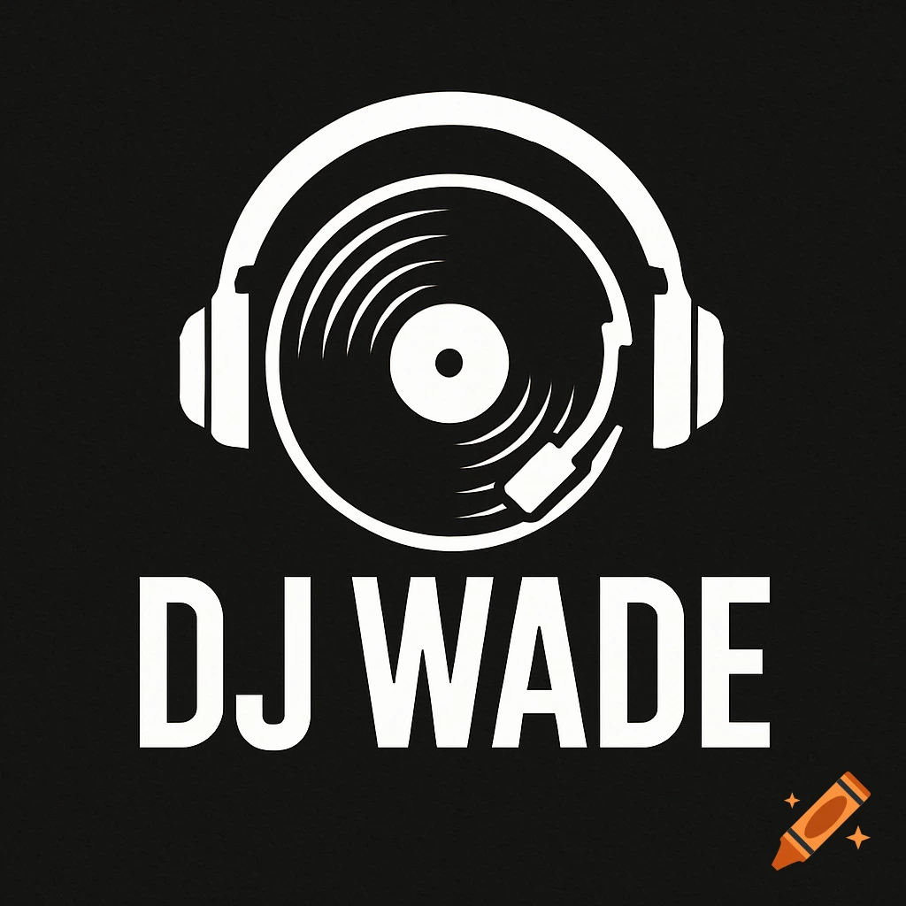 A white DJ logo with headphones, a turntable, and the text 'DJ WADE' on a black background.