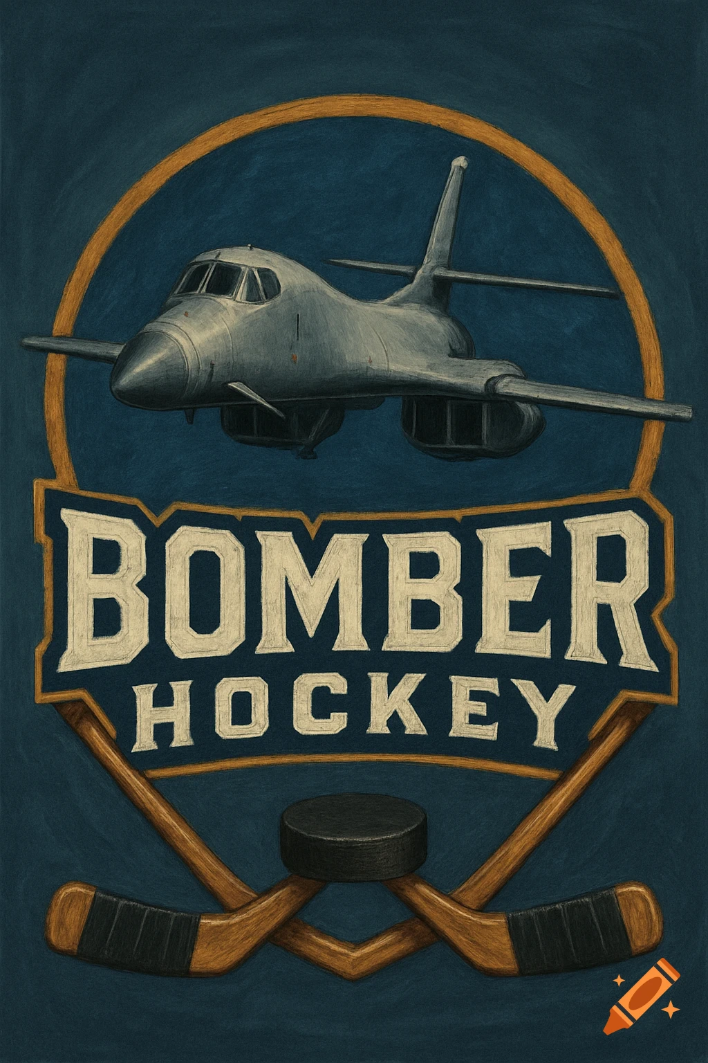 Stylized logo with a B-1B bomber above text 'BOMBER HOCKEY', crossed hockey sticks, and a puck.