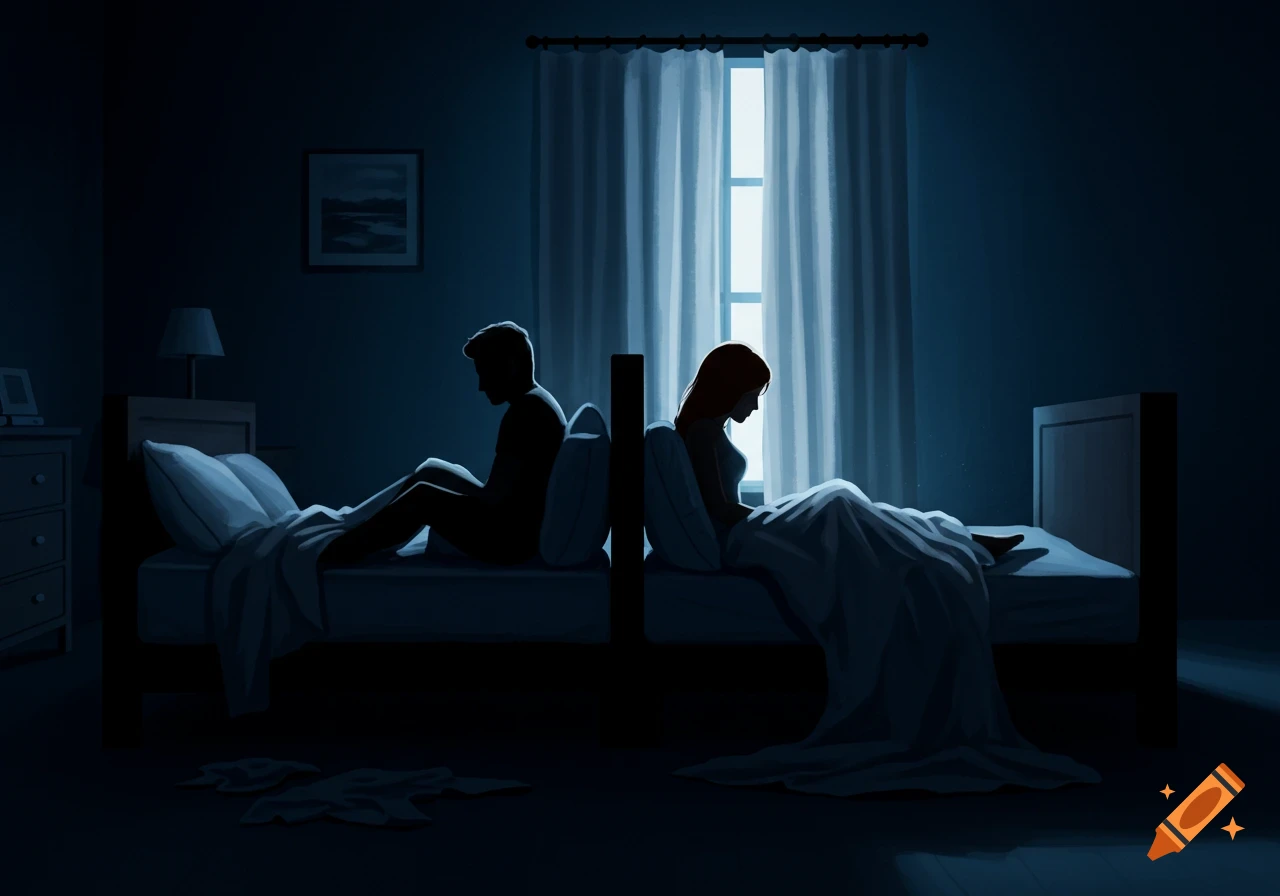 A stylized illustration shows a man and woman sitting back-to-back on a bed in a dark room, facing away from each other.