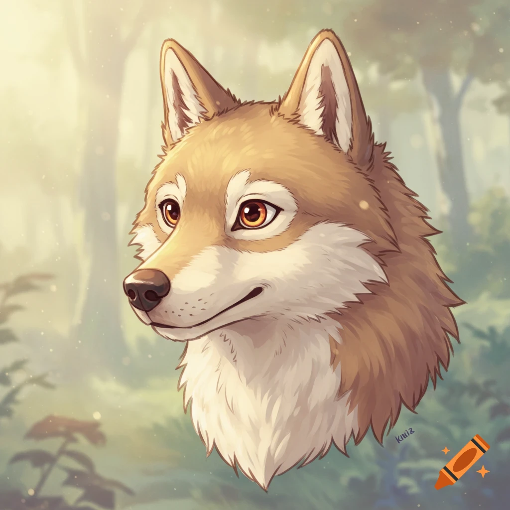 Anime style headshot of a wolf in a forest.
