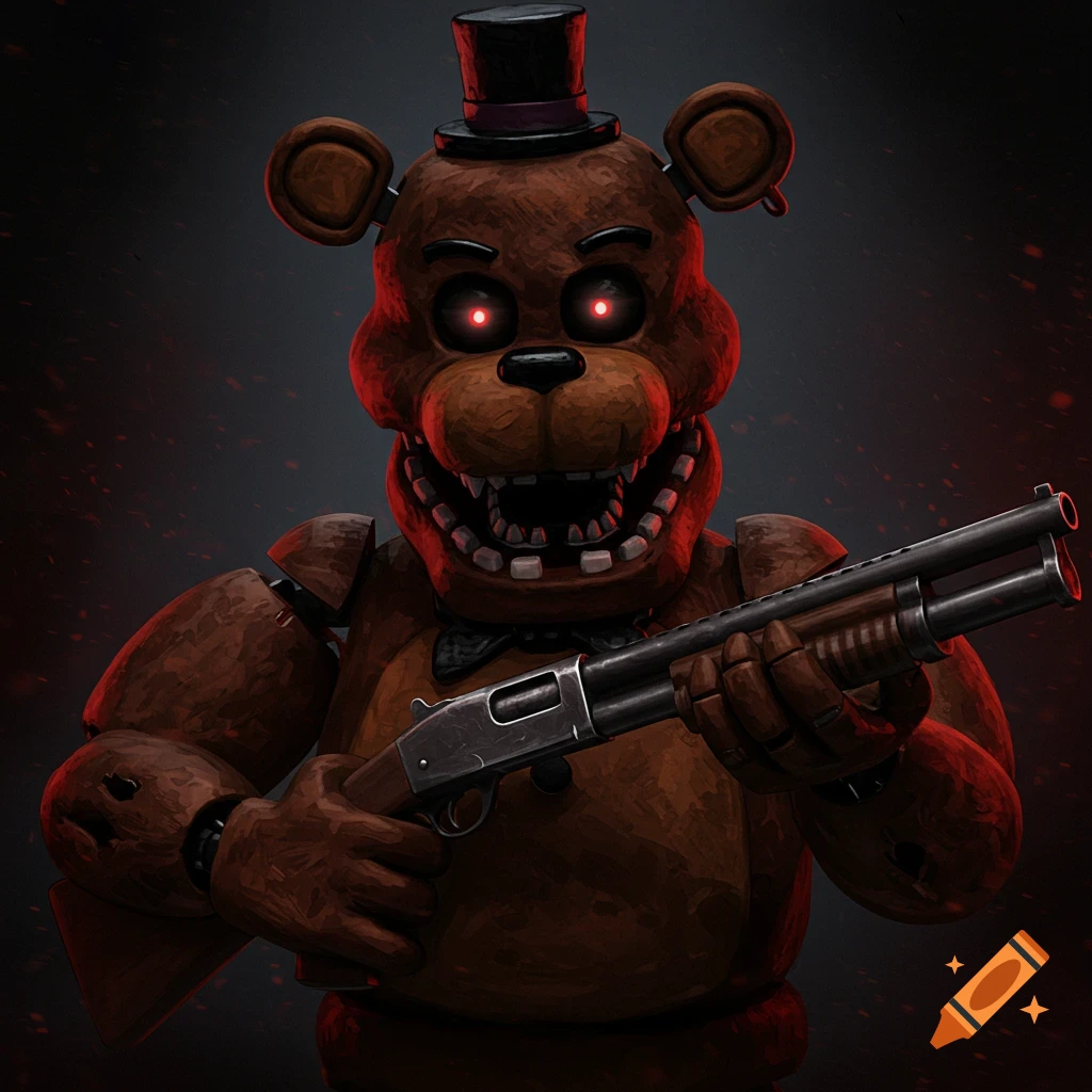 Freddy Fazbear from Five Nights at Freddy's holding a shotgun
