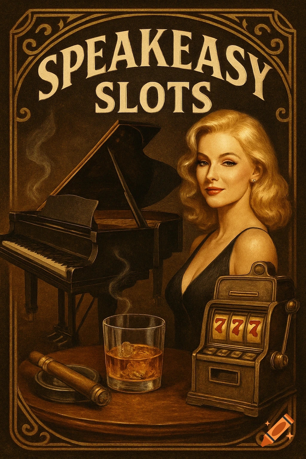 Vintage illustration of a woman by a piano and slot machine with a drink, cigar, and 'SPEAKEASY SLOTS' text.