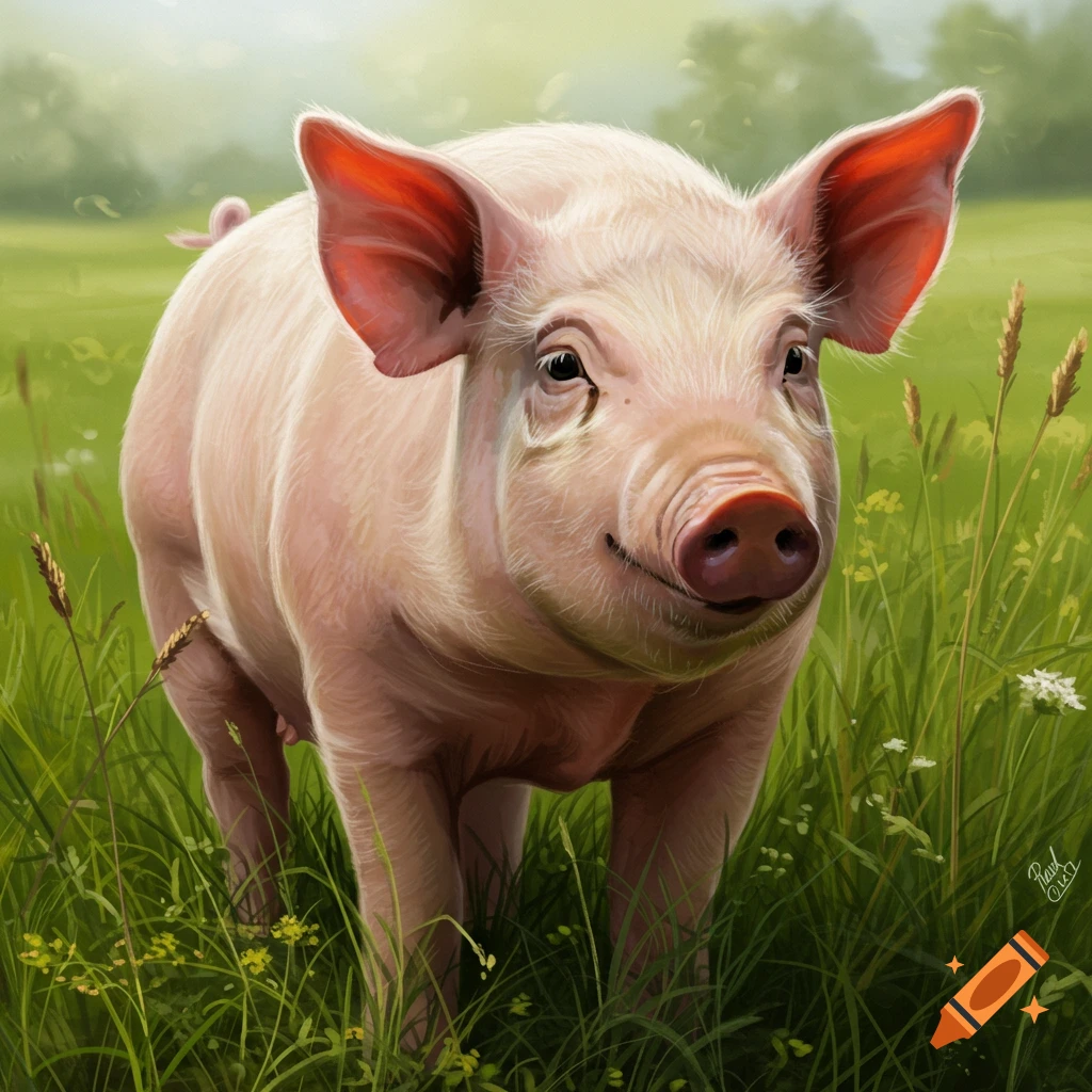 A pink pig stands in tall green grass in a sunny field, illustration style.