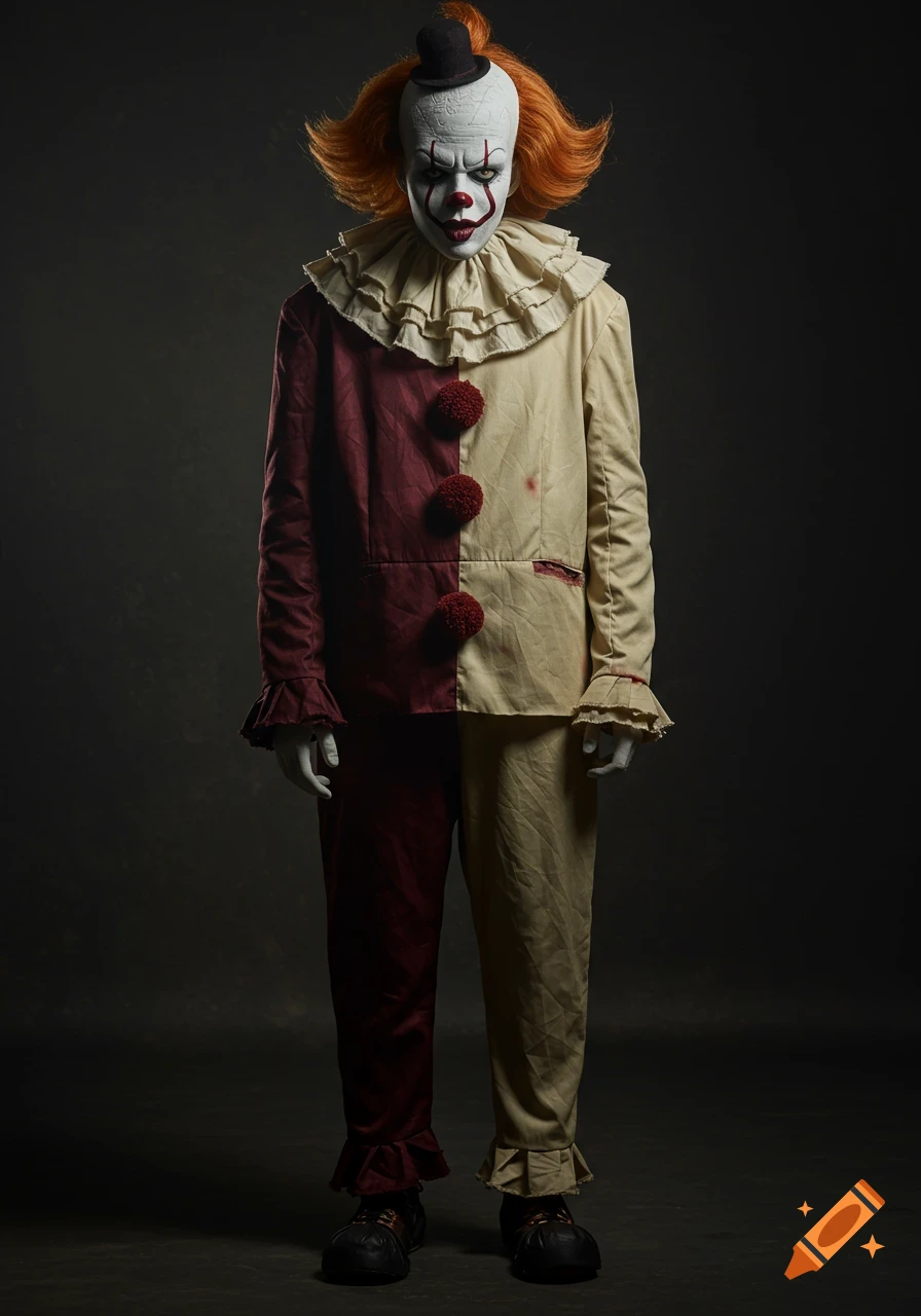 Full body portrait of a creepy clown in a vintage burgundy and beige costume.