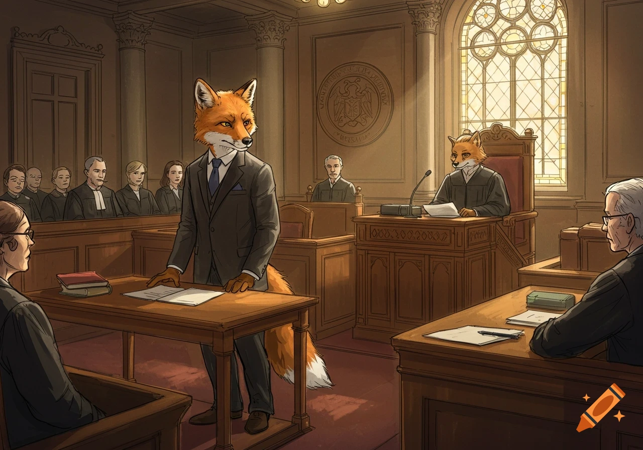 Courtroom sketch of an anthropomorphic fox in a suit standing before a fox judge.