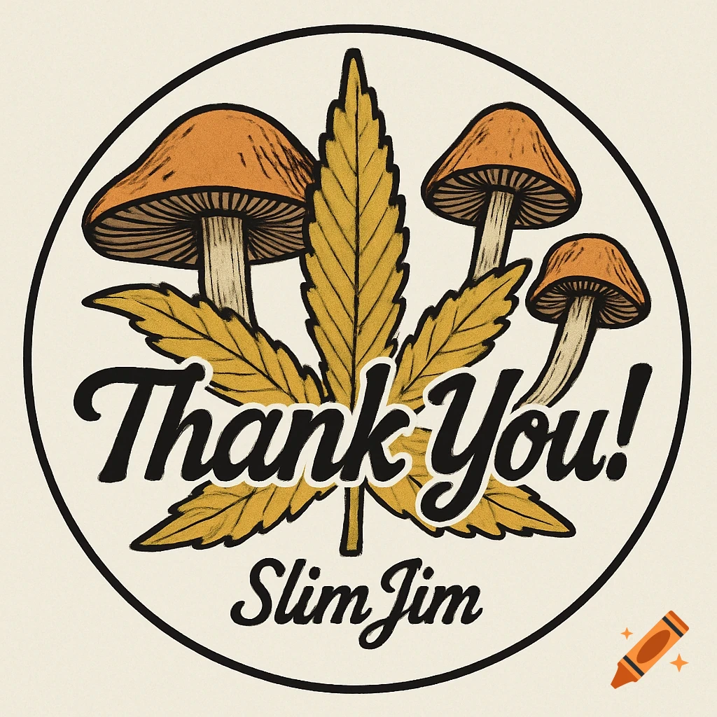 Circular illustration sticker with mushrooms, cannabis leaf, and text 'Thank You! Slim Jim'