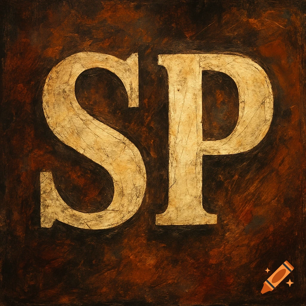 Large, textured gold letters SP on a dark textured background.