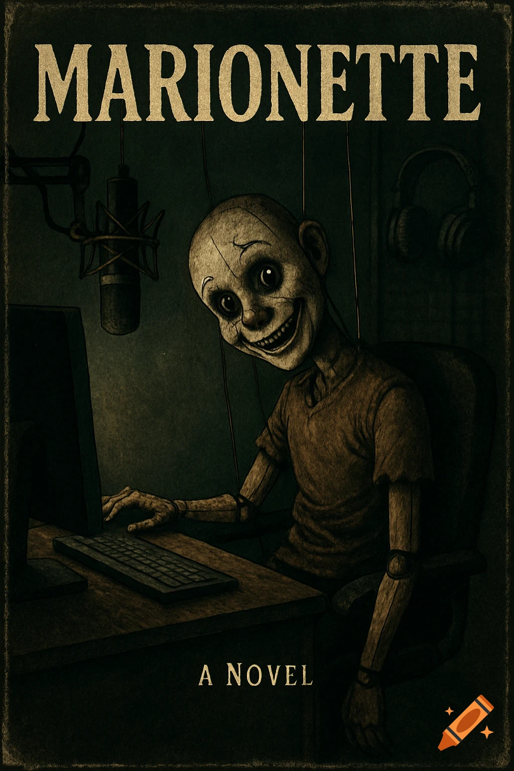Dark illustration of a creepy puppet with a wide smile sitting at a computer desk with a microphone, titled MARIONETTE, A NOVEL.