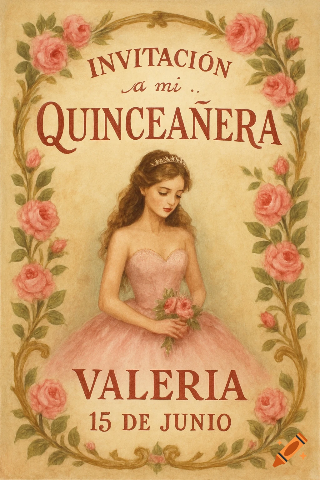 Illustration of a girl in a pink dress on a quincea R a invitation with roses.
