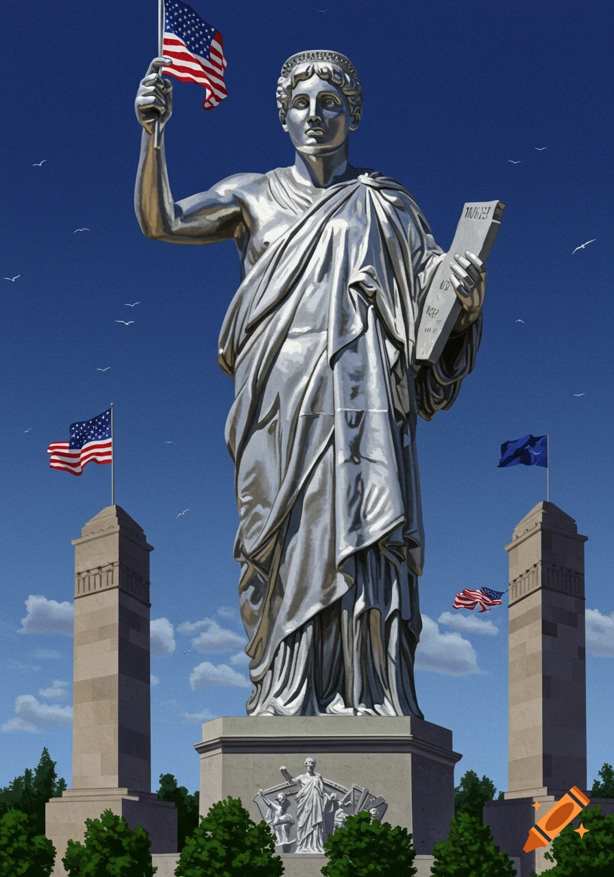 A giant silver statue holding an American flag and a book stands between two towers under a blue sky.