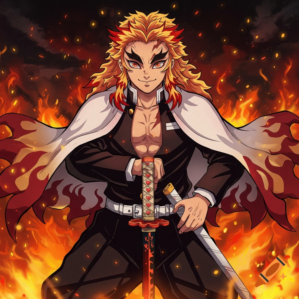 Rengoku, an anime character, stands amidst flames holding a sword