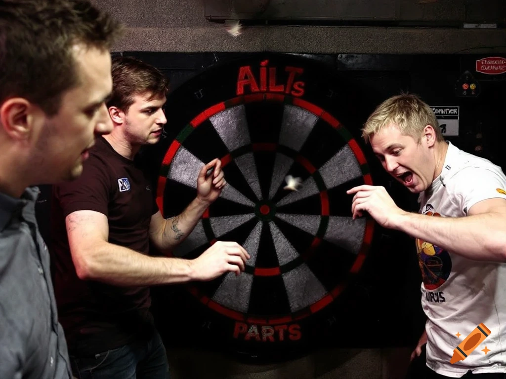 Three men playing darts, one reacting excitedly