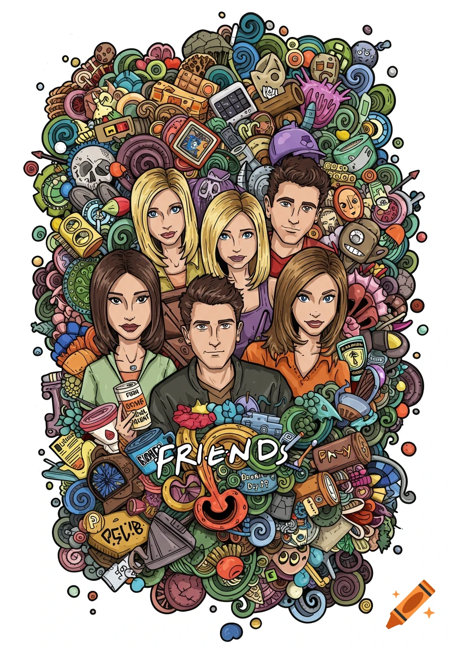 Doodle illustration of the main Friends characters surrounded by iconic objects from the show.