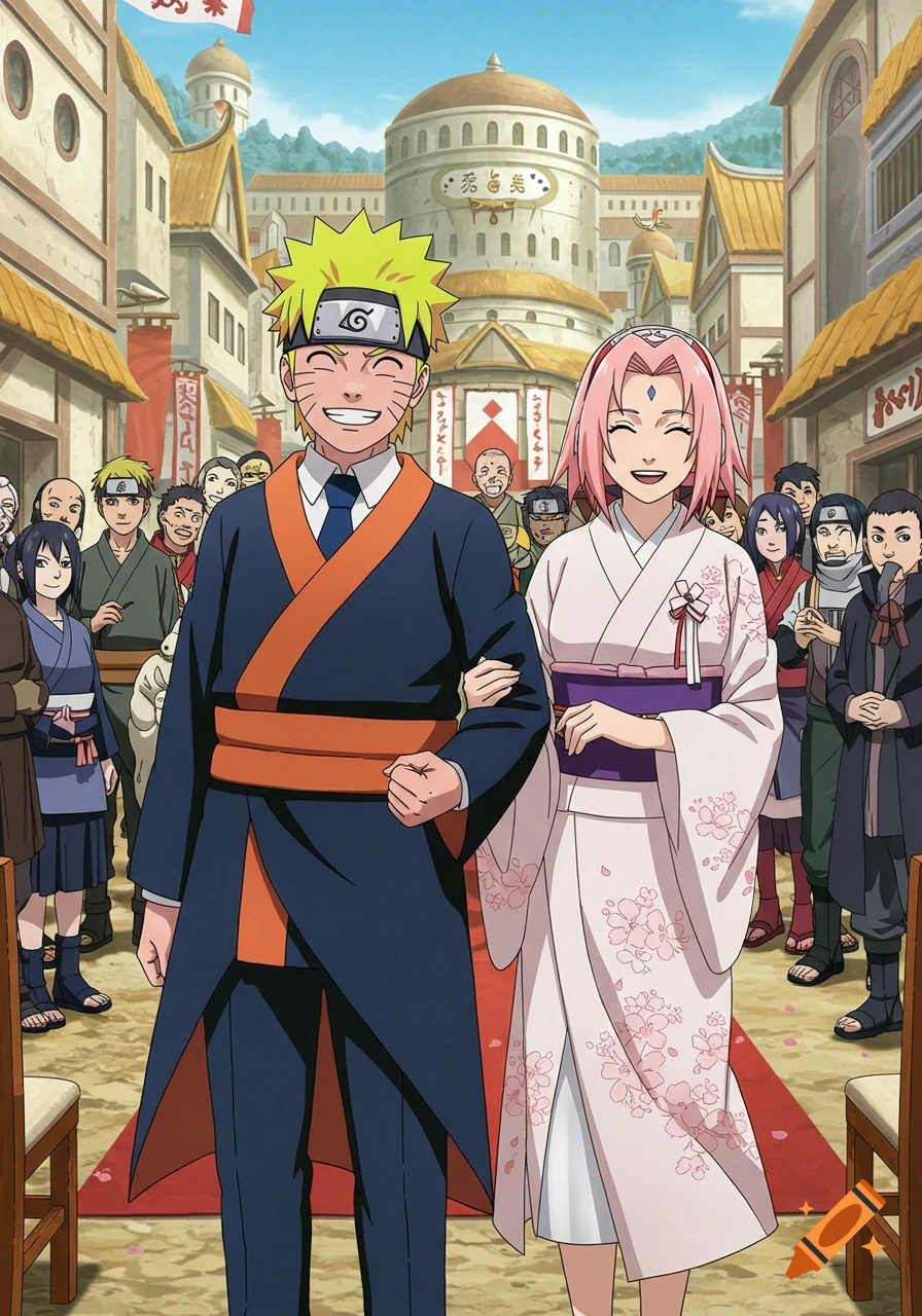 Anime scene of Naruto and Sakura walking down a red carpet aisle at a wedding in a village, surrounded by guests.