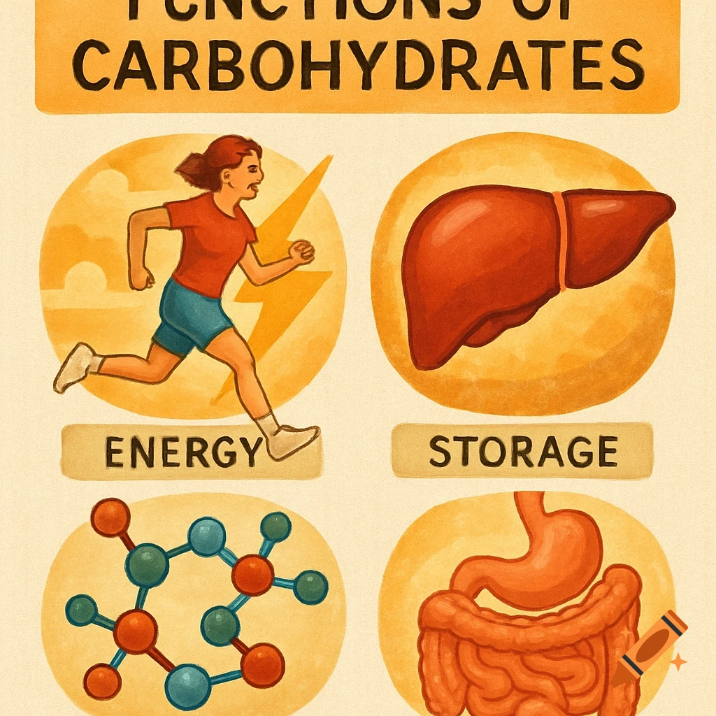 Illustration showing functions of carbohydrates: energy, storage, molecular structure, and digestion.