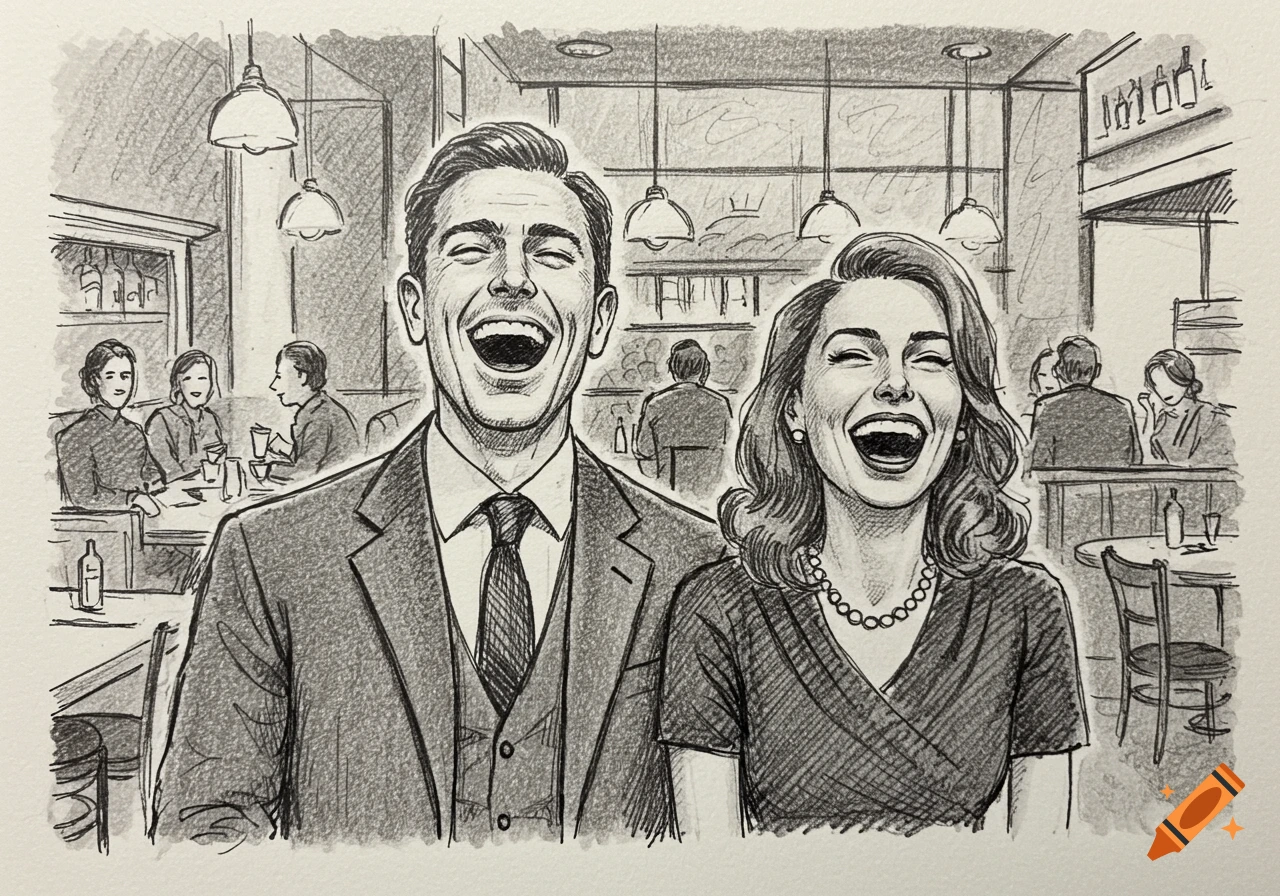 A sketch drawing of a couple laughing in a restaurant.
