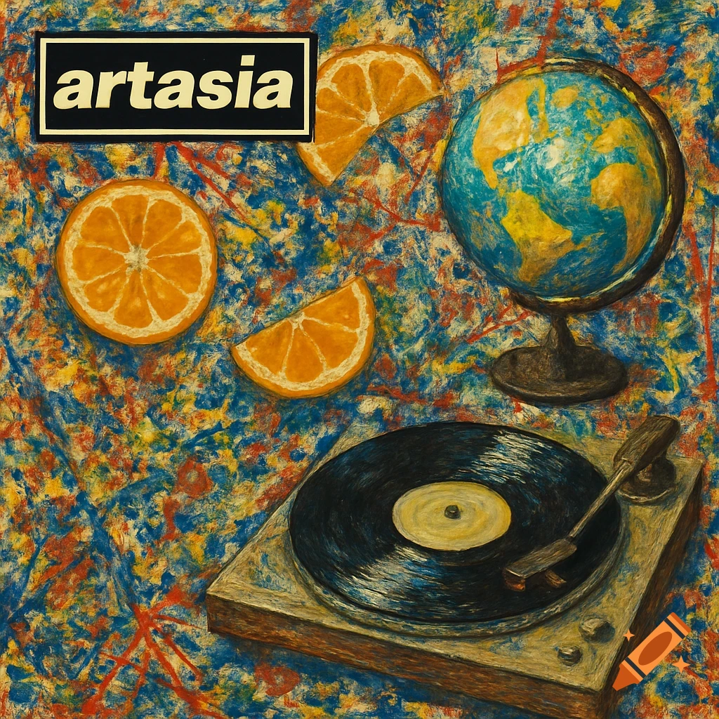 Album cover titled 'artasia' featuring orange slices, a globe, and a record player in a colorful, abstract art style.